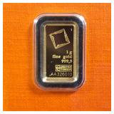 GOLD BAR :: 1 gram .9999 Pure Gold :: Certified Assay :: Valcambi Suisse