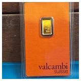 GOLD BAR :: 1 gram .9999 Pure Gold :: Certified Assay :: Valcambi Suisse