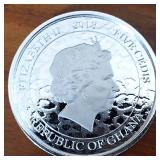 This 2018 Ghana African Leopard 1 oz Silver Coin 0.999 fine silver, 5 Cedi in currency