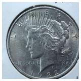 1922 Peace Dollar 90% Silver, 26.73 grams :: Circulated :0.77344 troy ounces silver :: Bright! (VG)