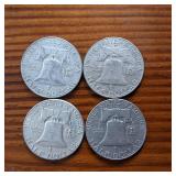 Lot of 4: 1963 Franklin Half Dollars :: 90% silver, 10% copper coin :: .36 oz silver each ::Two Dollar Face