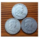 Lot of 3: 1962 Franklin Half Dollars :: 90% silver, 10% copper coin :: .36 oz silver each :: Circulated