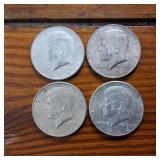 Lot of 4: 1964 Kennedy Half Dollars :: 90% silver ::  .3617 troy ounces silver in each coin :: $2 Face Value