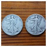 Lot of 2: 1945 Walking Liberty Half Dollars :: Circulated 90% Silver (2 coins  1 dollar face value)