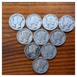 Lot of 10: Various Years Mercury Dimes :: 90% silver in circulated condition : One Dollar Face Value
