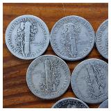 Lot of 10: Various Years Mercury Dimes :: 90% silver in circulated condition : One Dollar Face Value