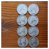 Lot of 8: Various Years Washington Quarters :: 90% silver Constitutional Currency :: $2 Dollar FV