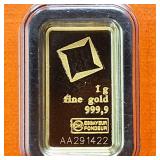 GOLD BAR :: 1 gram .9999 Pure Gold :: Certified Assay :: Valcambi Suisse :: Protective Slip