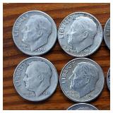 Lot of 10: Various Years Roosevelt Dimes : 90% silver in circulated condition, One Dollar Face Value