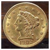 VERIFIED AUTHENTIC: 1902 Liberty Head $2.50 gold quarter eagle minted in Philadelphia, containing .209 oz 90% Gold