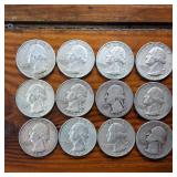 Lot of 12: Various Years Washington Quarters :: 90% silver Constitutional Currency :: $3 Dollar FV