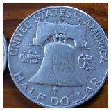 Lot of 4: 1957, '58,'59,'60 Franklin Half Dollars :: 90% silver :: .36 oz silver each :: $2 Dollar Face