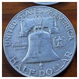 Lot of 4: 1957, '58,'59,'60 Franklin Half Dollars :: 90% silver :: .36 oz silver each :: $2 Dollar Face