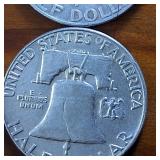 Lot of 4: 1957, '58,'59,'60 Franklin Half Dollars :: 90% silver :: .36 oz silver each :: $2 Dollar Face
