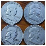 Lot of 4: Good Condition Franklin Half Dollars Sequential 1951 '52 '53 '54 :: .36 oz silver ea. $2 FV