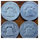 Lot of 4: Good Condition Franklin Half Dollars Sequential 1951 '52 '53 '54 :: .36 oz silver ea. $2 FV