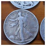 Lot of 6: 1941 (3 coins)  1942 (2 coins)  1944(1 coin) Walking Liberty Half Dollars Circulated 90% Silver : $3 FV