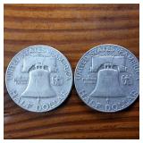 Lot of 2: 1952-D Franklin Half Dollars :: 90% silver, 10% copper coin :: .36 oz silver each :: $1 Face