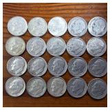 Lot of 20: Various Years Roosevelt Dimes :: 90% silver in circulated condition, 2 Dollar Face Value