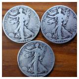 Lot of 3: 1934-35-36 Walking Liberty Half Dollars :: Circulated 90% Silver, 3 coins  1.5 dollars FV