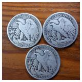 Lot of 3: 1934-35-36 Walking Liberty Half Dollars :: Circulated 90% Silver, 3 coins  1.5 dollars FV