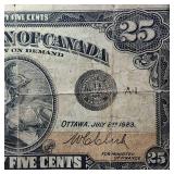 1923 Dominion of Canada 25 Cents Shinplaster Note Campbell/Clark Banknote  circulated Red Serial #