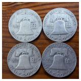 Lot Series of 4: 1951-D to 1954-D :: Franklin Half Dollars :: 90% silver :: .36 oz silver each :: $2 Face