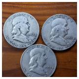 Lot Series of 3: 1952-D 1953-D 1954-D :: Franklin Half Dollars :: 90% silver :: .36 oz silver ea.  $1.5 Face