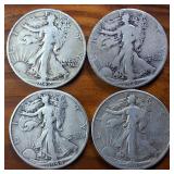 Lot of 4: 1941-44 Walking Liberty Half Dollars :: Circulated 90% Silver :: 4 coin sequential series