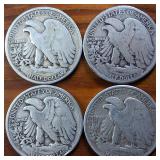 Lot of 4: 1941-44 Walking Liberty Half Dollars :: Circulated 90% Silver :: 4 coin sequential series