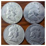 Lot of 4 series: 1960-1963 Franklin Half Dollars :: 90% silver, (Circulated 3 are Denver Mint) :: $2 Face