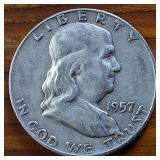 Lot of 4: 1957-D Franklin Half Dollars :: 90% silver, (Circulated  One is Very Fine)  :: $2 Face Value