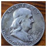 Lot of 4: 1957-D Franklin Half Dollars :: 90% silver, (Circulated  One is Very Fine)  :: $2 Face Value