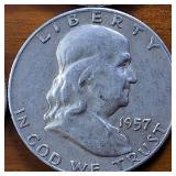Lot of 4: 1957-D Franklin Half Dollars :: 90% silver, (Circulated  One is Very Fine)  :: $2 Face Value