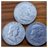 Lot of 3 series: 1961-1963 Franklin Half Dollars :: 90% silver,  $1.5 Face Value 3 circulated coins