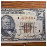 1929 National Currency :: Miscut $50 Note : Fed Reserve of Kansas City MO : Brown Seal!