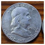 Lot of 4: Really Nice Franklin Half Dollars from 1963 :: Shiny, nice lines: .36 oz silver each, Circulated