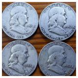 Lot of 4: 1951-54D Franklin Half Dollars :: 90% silver :: .36 oz silver each :: $2 Dollar Face