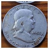 Lot of 4: 1951-54D Franklin Half Dollars :: 90% silver :: .36 oz silver each :: $2 Dollar Face