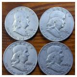 Lot of 4: Good Condition Franklin Half Dollars 1951 '52 '53 '54 :: .36 oz silver each, Circulated