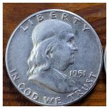 Lot of 4: Good Condition Franklin Half Dollars 1951 '52 '53 '54 :: .36 oz silver each, Circulated