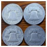 Lot of 4: Good Condition Franklin Half Dollars 1951 '52 '53 '54 :: .36 oz silver each, Circulated