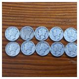 Lot of 10: Multiple Years Mercury Dimes :: 90% silver in circulated condition : One Dollar Face Value