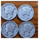 Lot of 10: Multiple Years Mercury Dimes :: 90% silver in circulated condition : One Dollar Face Value