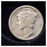 HUGE LOT! Nice Wooden Display case: 90% Silver Mercury Dimes(25) & 90% Silver Quarters(13)