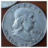 Lot of 3 series: 1952-D 1953-D 1954 Franklin Half Dollars :: 90% silver :: .36 oz silver each :: Nice!