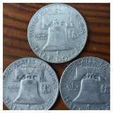 Lot of 3 series: 1952-D 1953-D 1954 Franklin Half Dollars :: 90% silver :: .36 oz silver each :: Nice!