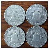 Lot of 4: Good Condition Franklin Half Dollars :: 2x1957-D, 1958-D, 1961-D :: $2 Face Value