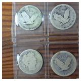 Lot of 4: Very Old 90% Silver Quarters from 1907 - ? 4 Total $1 face value, Barber, Standing Liberty