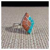 Turquoise and Red Coral - RVB Mark - Size 8 - Native American - Zuni Style Inlay - 2.6g